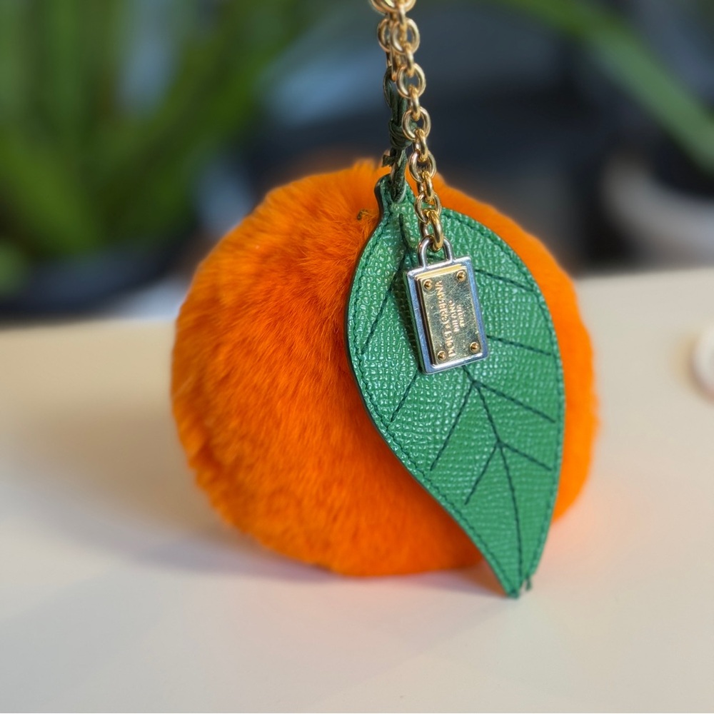 Orange Furry Pom Pom Keychain with Green Leaf - Picture 12 of 12